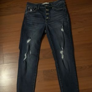 Kancan Midrise distressed dark wash denim. Button fly and skinny jeans. Size 28.